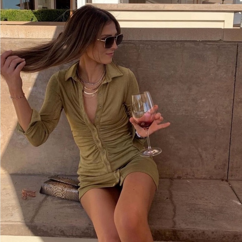 12th tribe Olive Green Button-Up Mini Dress